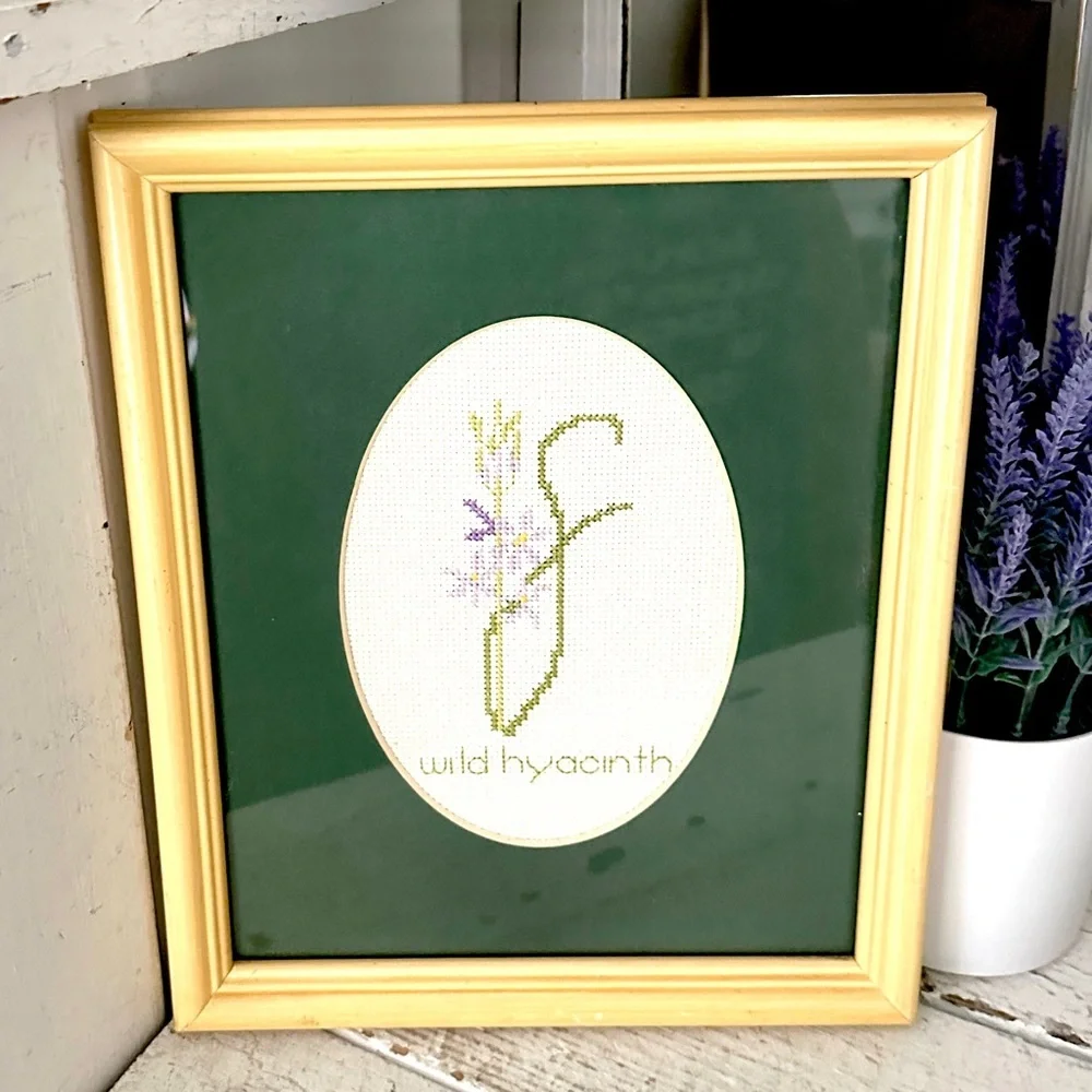 Wild Hyacinth Vintage Needlepoint Embroidery Cross Stitch Yellow Framed Wall Art